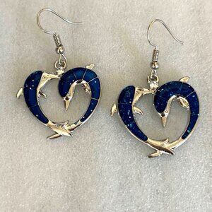 Dolphin Heart Dangle Earrings With Blue Enamel & Silver-Tone Accents